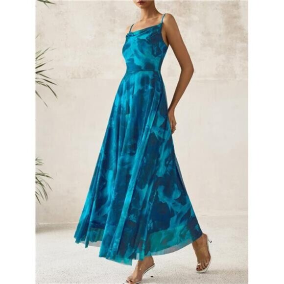 Women Summer Maxi Dresses Elegant Spaghetti Strap Peacock - Picture 1 of 7